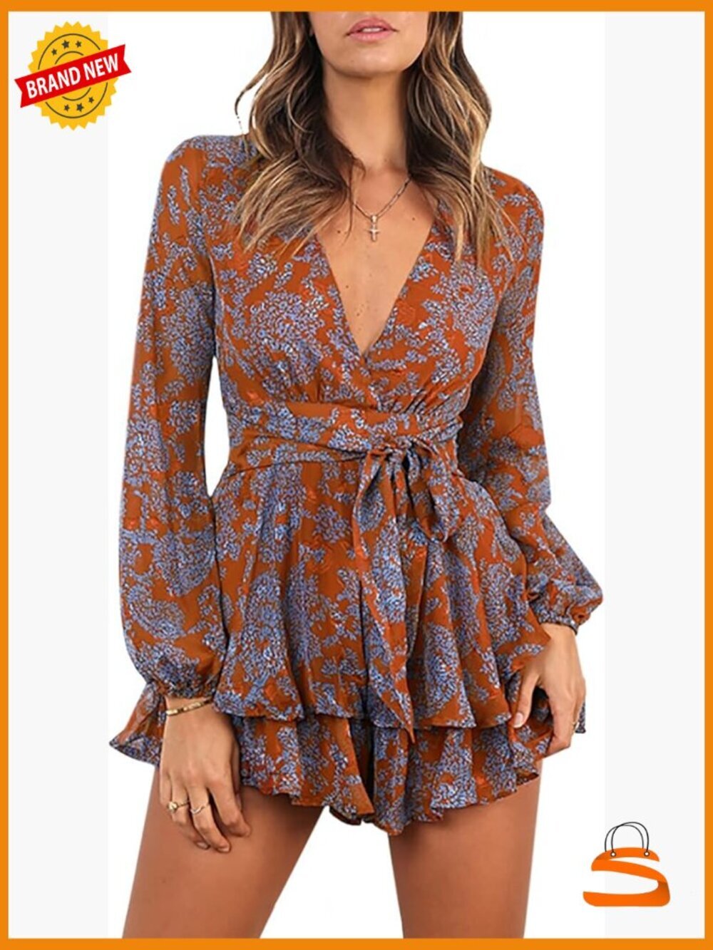 Deep V-Neck Floral Print Romper with Long Baggy Sleeves and Belt